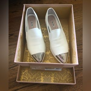 Authentic Miu Miu White Leather Metal Cap Toe Platform Slip On Sneaker Size 40
